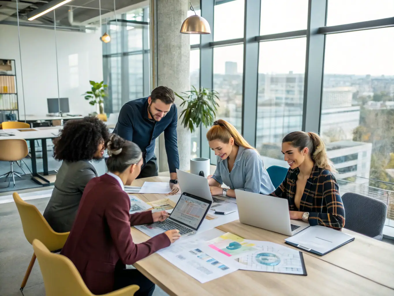 A diverse group of professionals collaborating in a modern office, brainstorming innovative event ideas and strategies, symbolizing comprehensive event consulting.