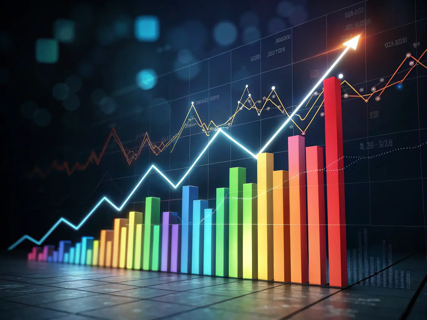 A dynamic graph showing upward revenue trends from events, integrated with a vibrant event scene, representing revenue growth strategies.