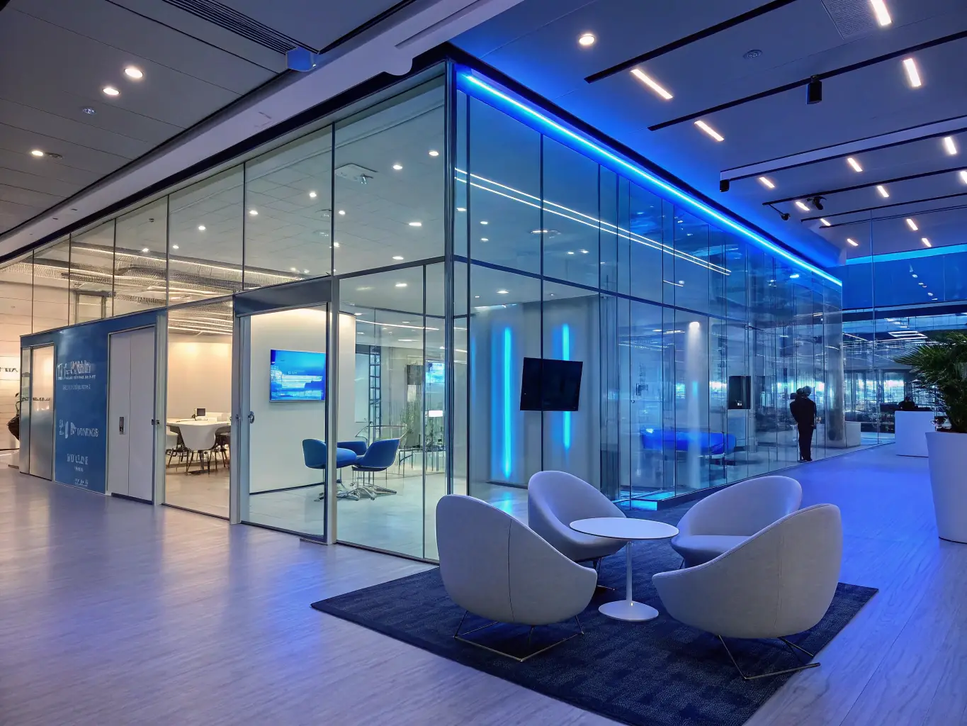 An image of a modern event venue with a holographic overlay displaying strategic planning and architectural designs, symbolizing strategic event architecture.