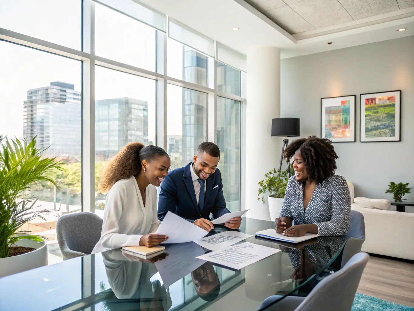 A consultant is negotiating a sponsorship deal with a potential sponsor, with documents and financial projections on the table. The setting is a professional boardroom.