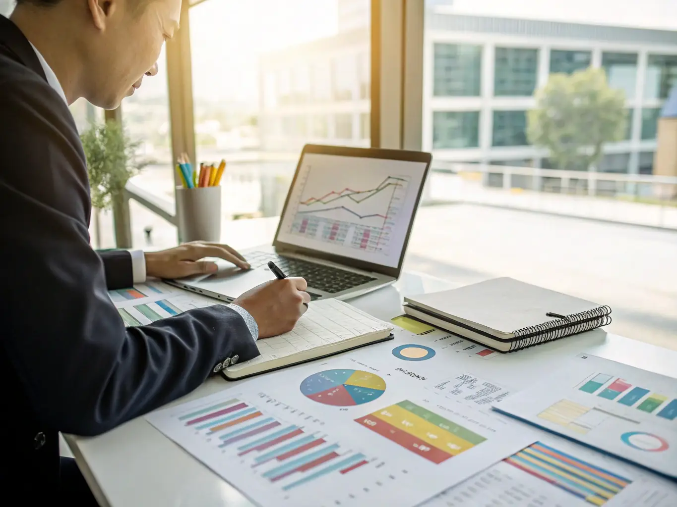 A consultant is analyzing data on a laptop, with charts showing revenue growth from a recent event. The setting is a modern office, emphasizing data-driven decision-making.
