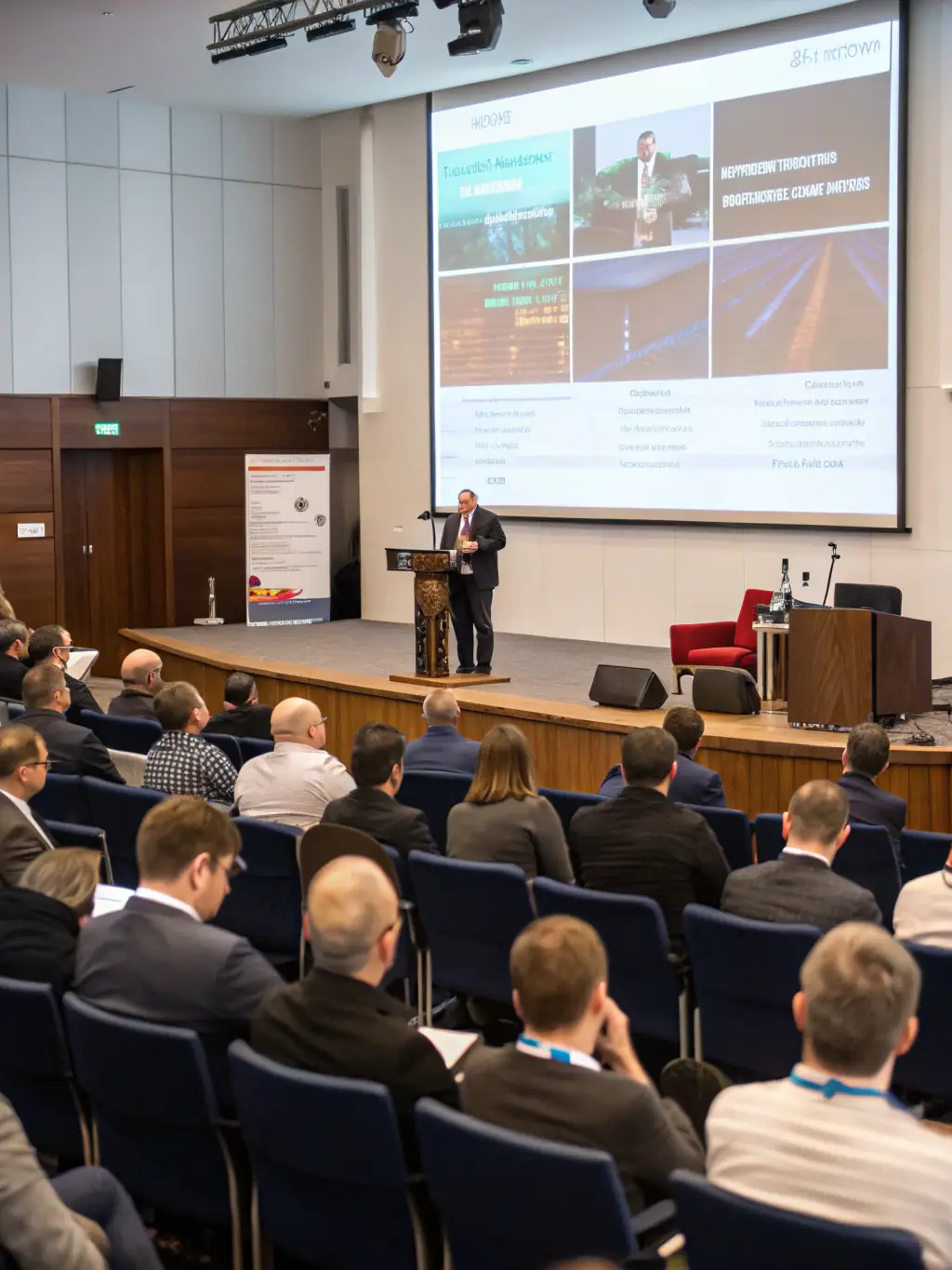 An image of a successful corporate event in Africa, showcasing a stage with a keynote speaker and engaged audience, symbolizing successful event execution.