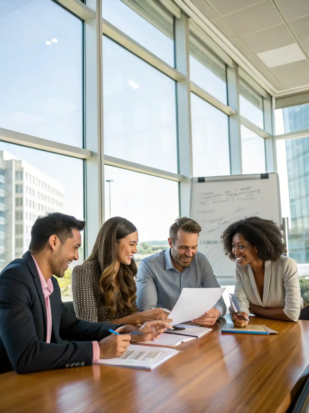 A professional photograph of a diverse team brainstorming around a table covered with event planning documents and financial charts, symbolizing strategic event architecture.